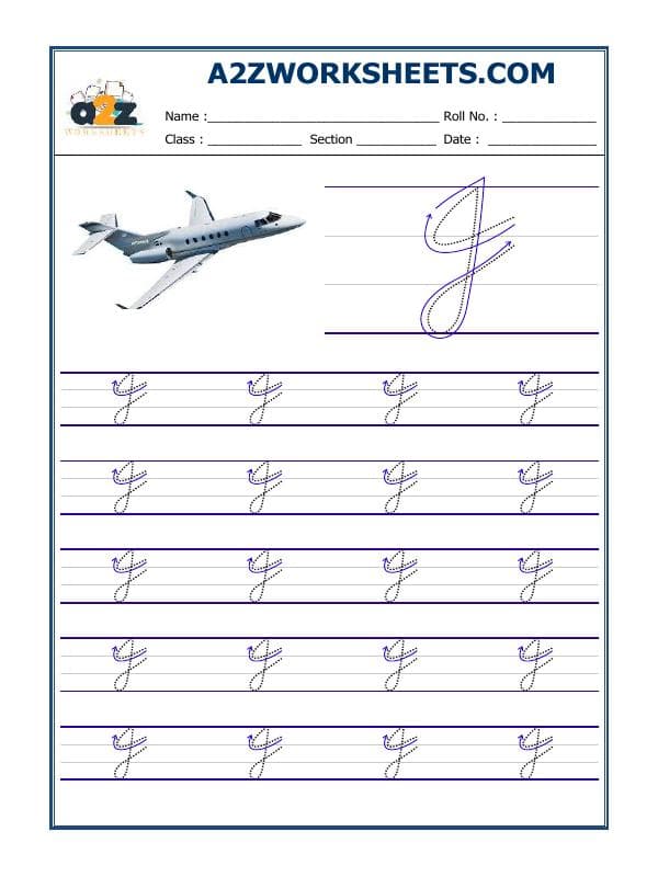 A2ZWorksheets:English-Writing-English Cursive Writing - Alphabet J (Capital Letter)