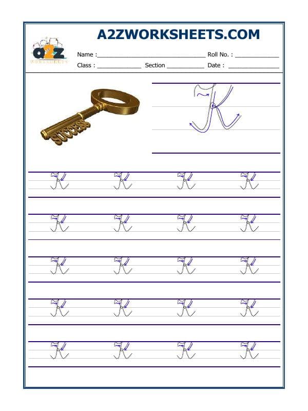 A2ZWorksheets:English-Writing-English Cursive Writing - Alphabet K (Capital Letter)
