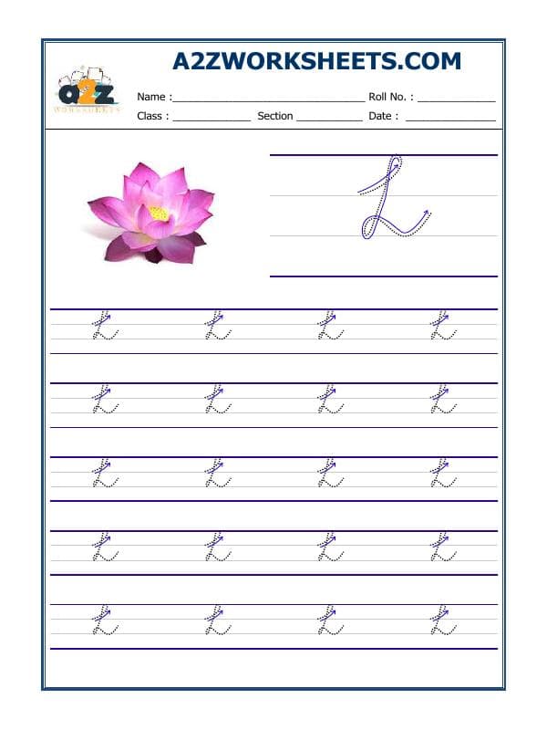 A2ZWorksheets:English-Writing-English Cursive Writing - Alphabet L (Capital Letter)