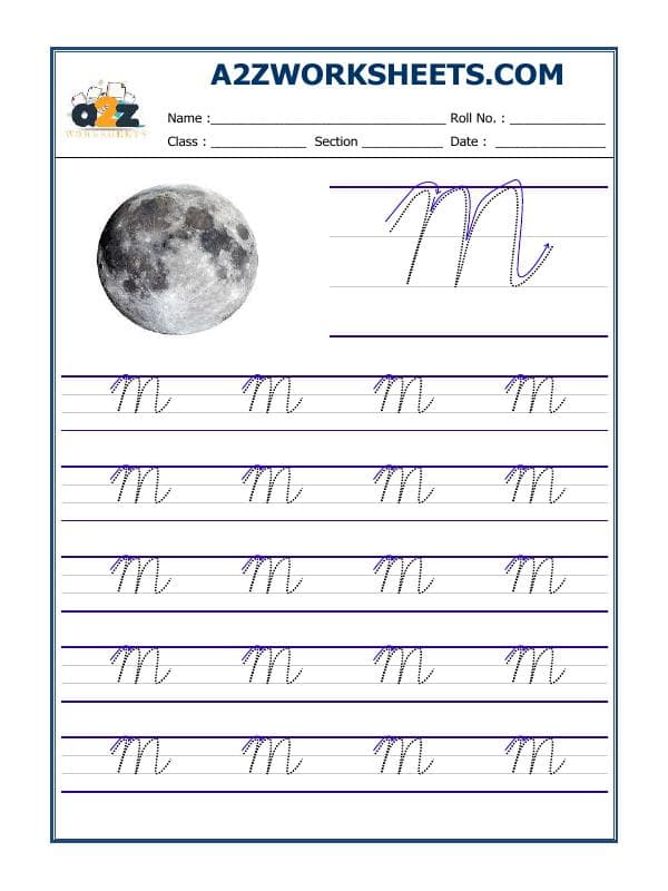 A2ZWorksheets:English-Writing-English Cursive Writing - Alphabet M (Capital Letter)
