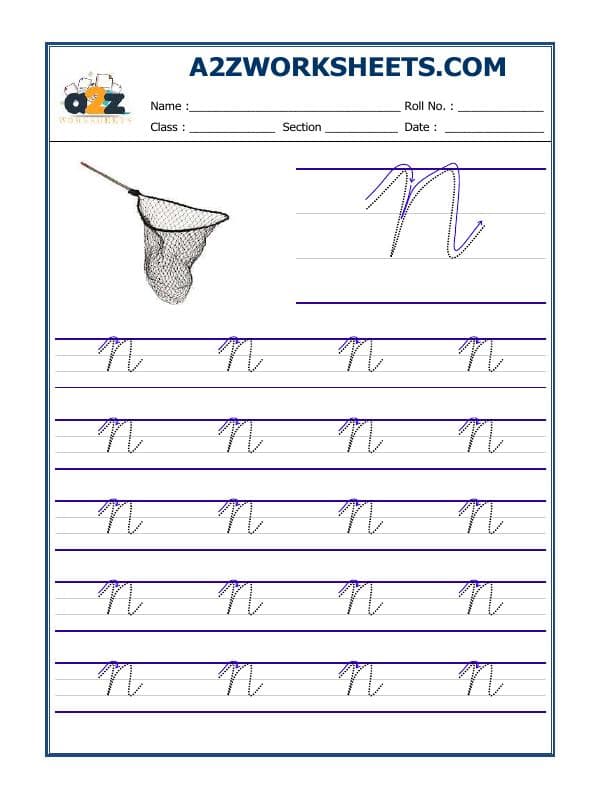 A2ZWorksheets:English-Writing-English Cursive Writing - Alphabet N (Capital Letter)