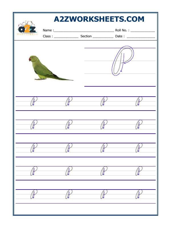A2ZWorksheets:English-Writing-English Cursive Writing - Alphabet P (Capital Letter)