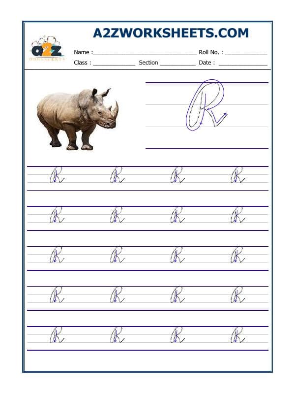 A2ZWorksheets:English-Writing-English Cursive Writing - Alphabet R (Capital Letter)