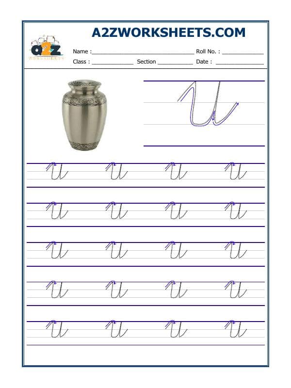 A2ZWorksheets:English-Writing-English Cursive Writing - Alphabet U (Capital Letter)