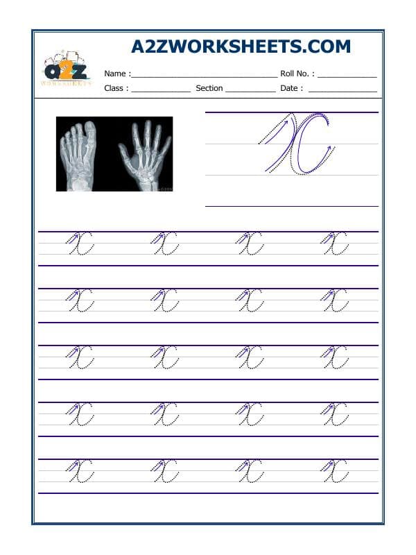 A2ZWorksheets:English-Writing-English Cursive Writing - Alphabet X (Capital Letter)