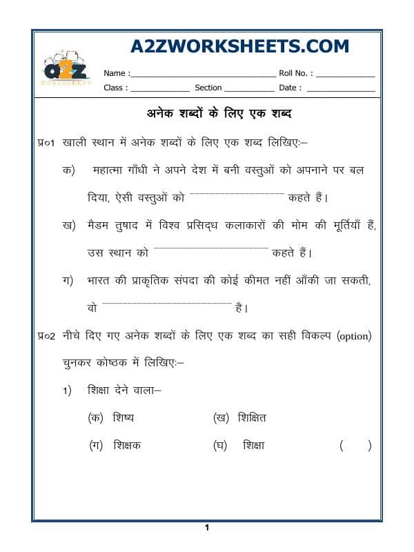 Hindi Grammar -  One Word Substitution In Hindi