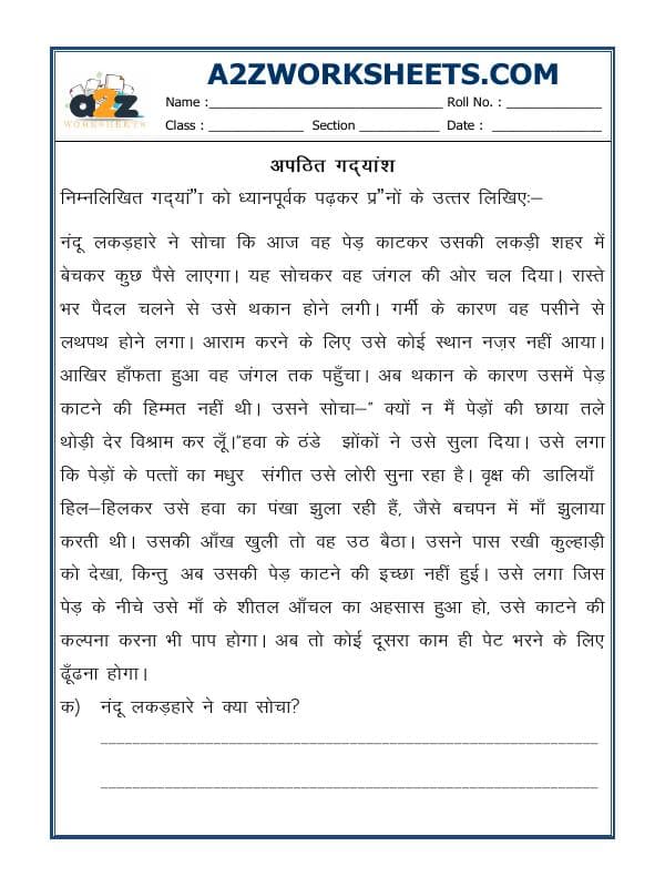 Hindi Grammar - Unseen Passage In Hindi - 03