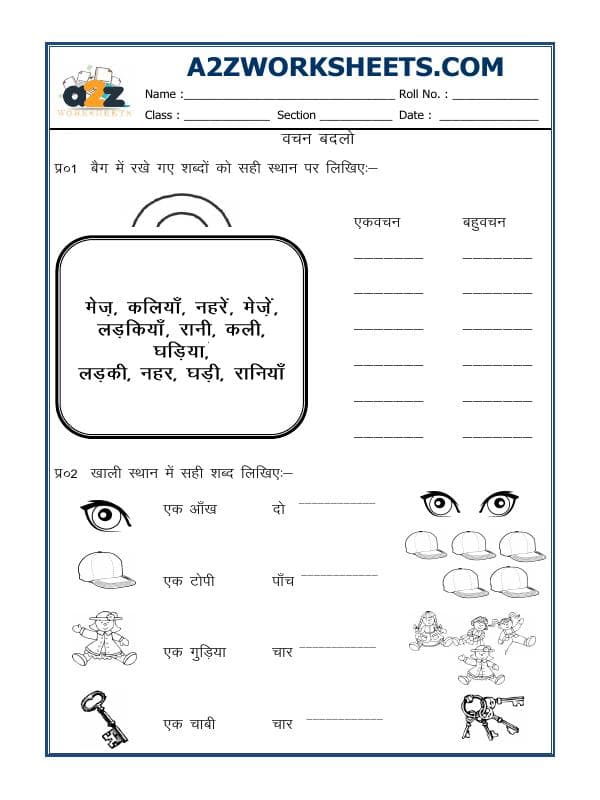 A2ZWorksheets:Language-Hindi-Hindi Worksheet - Singular Plural In Hindi
