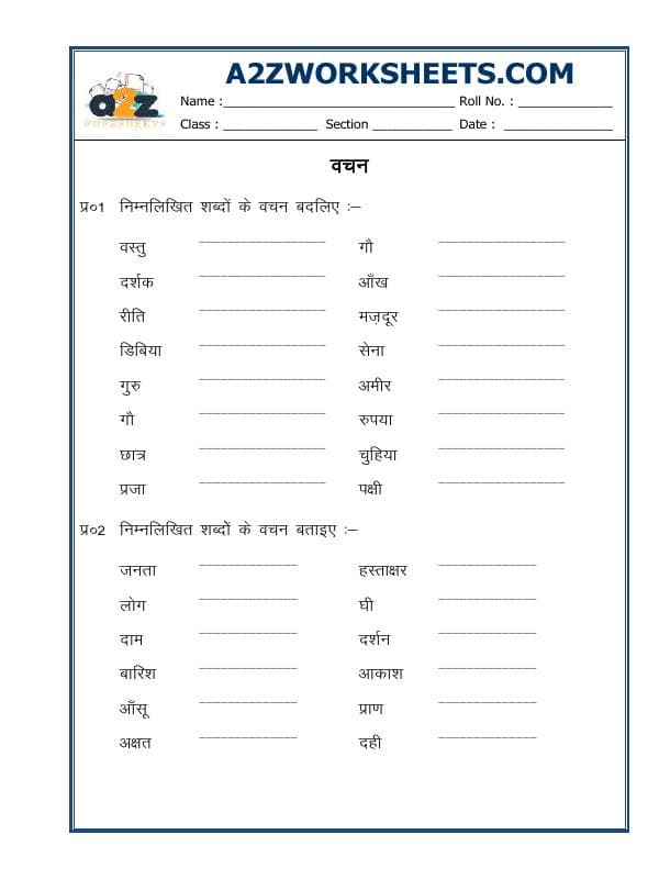 Hindi Grammar- Ek Bachan Bahu Bachan (Singular Plural)