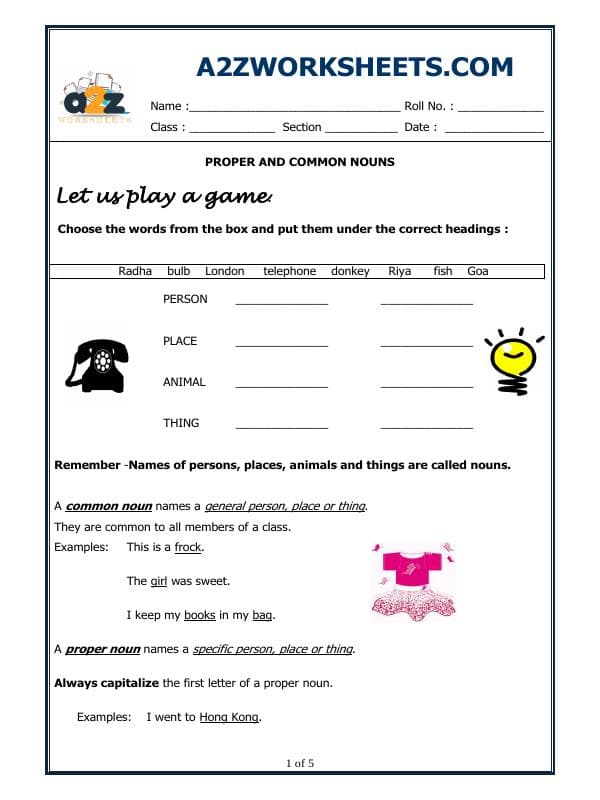 A2ZWorksheets:English-Grammar-Proper And Common Nouns