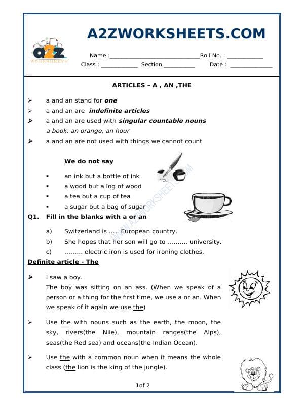 A2ZWorksheets:English-Grammar-Articles A, An, The