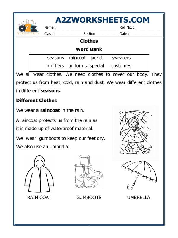 A2ZWorksheets:Science-Basic Necessities-Class-I-Clothes