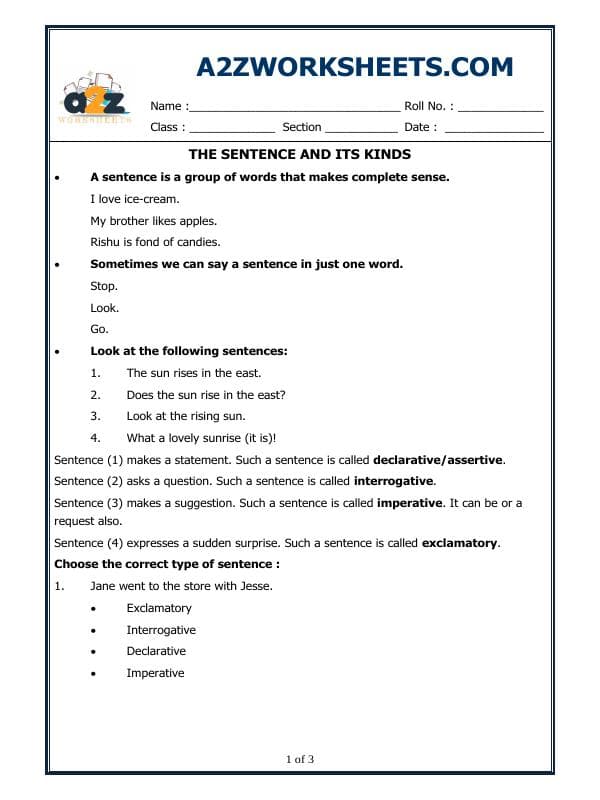 A2ZWorksheets:English-Grammar-The Sentence And Its Kinds