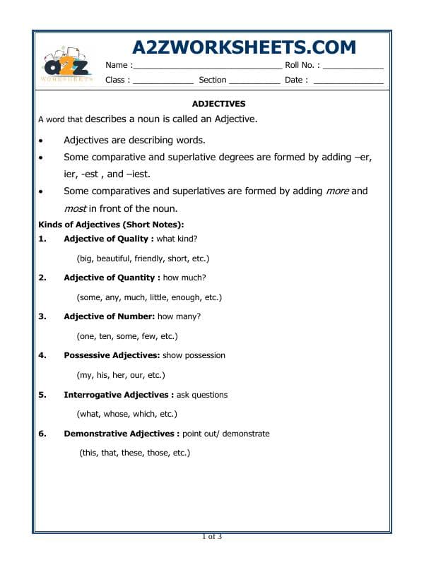 A2ZWorksheets:English-Grammar-Adjectives