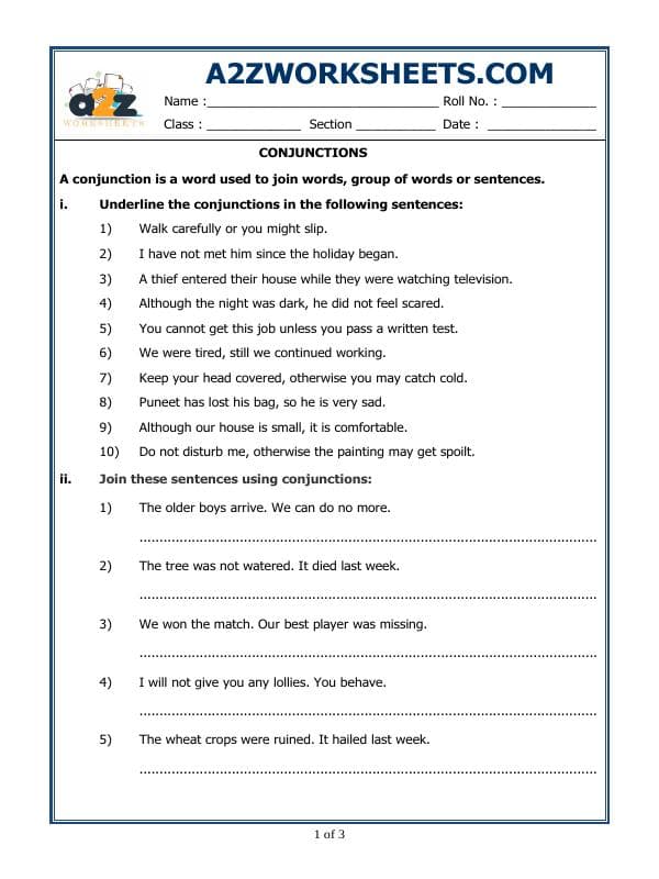A2ZWorksheets:English-Grammar-Conjunctions